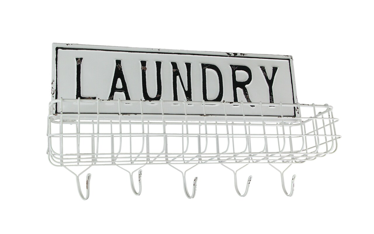 Weathered White Enamelware Laundry Hanging Shelf With Wall Hooks